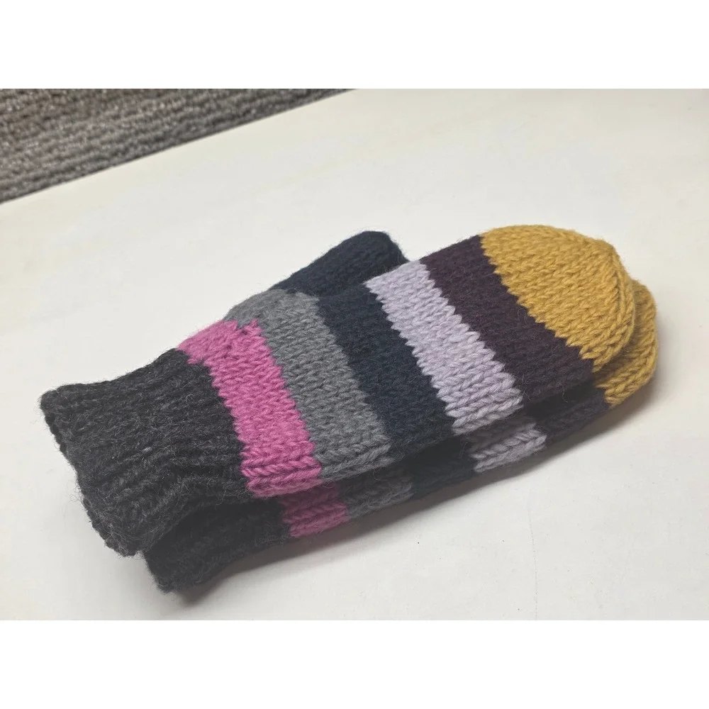 Handmade‎ Nepal 100% Wool Striped Mittens Fleece Lined Multi-Color Chunky Knit